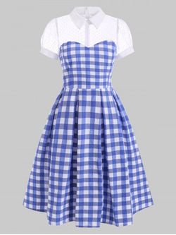 Vintage Mesh Panel Checked Pin Up Dress - BLUE - S