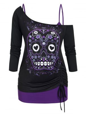 Plus Size Gothic Skull Floral Cinched Ruched T-shirt and Cami Top Set