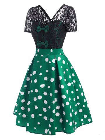Lace Insert Polka Dot Bowknot Dress
