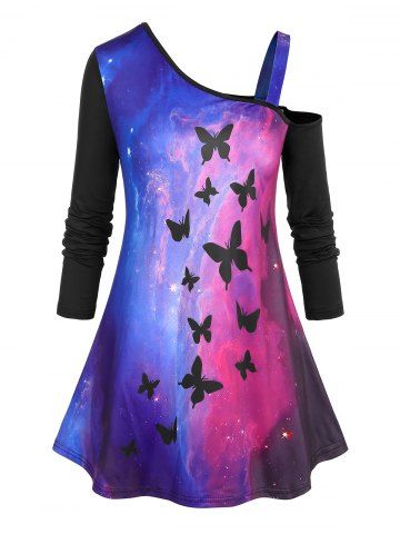 T-shirt à Papillon Galaxie à Épaules Nues de Grande Taille - BLACK - 2X