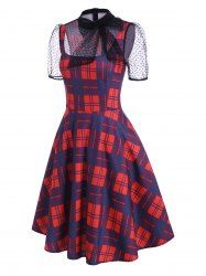 Robe Vintage à Carreaux en Maille Transparente à Pois - Rouge M