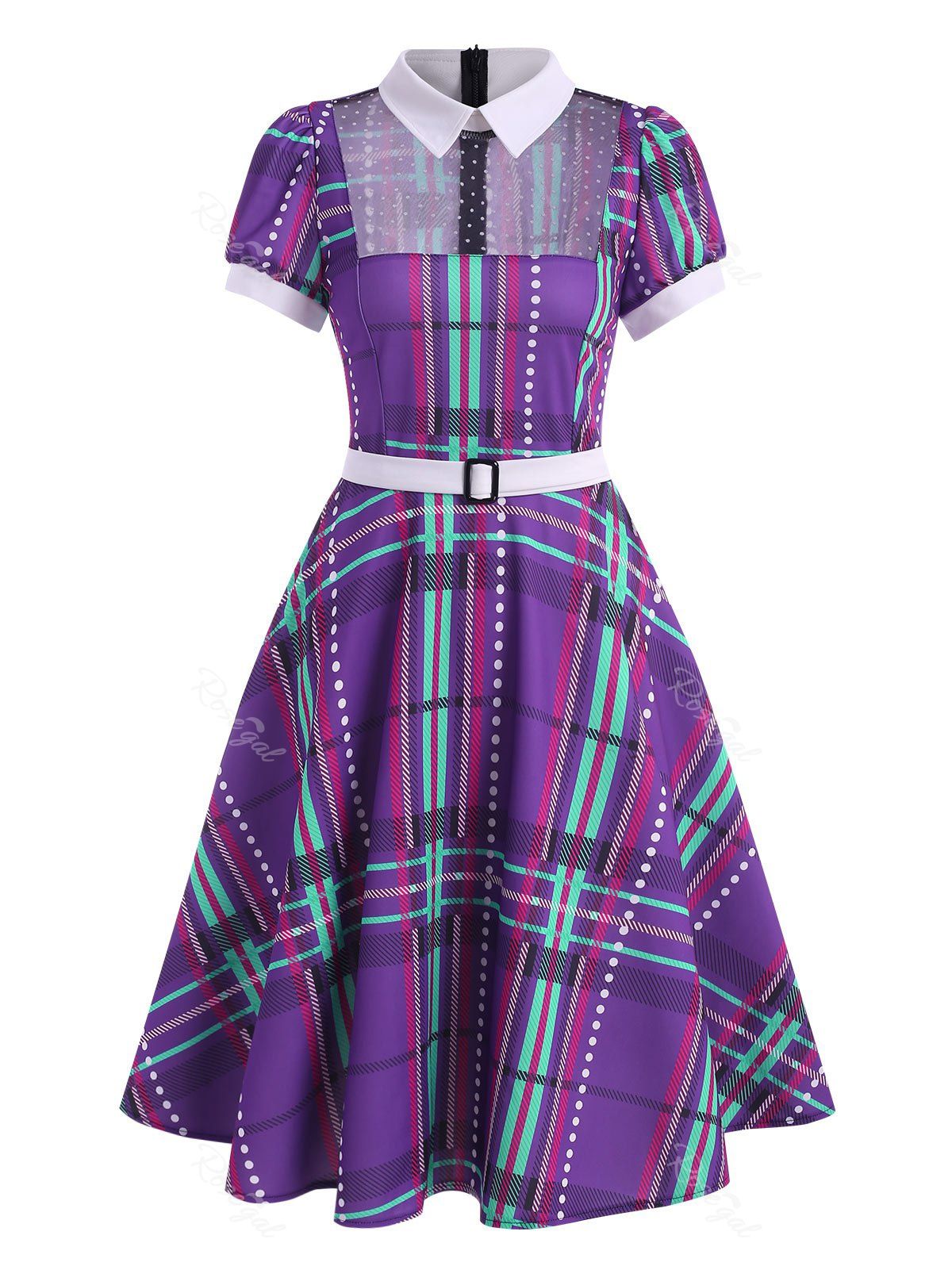 Store Polka Dot Plaid Lace Insert Belted Dress  