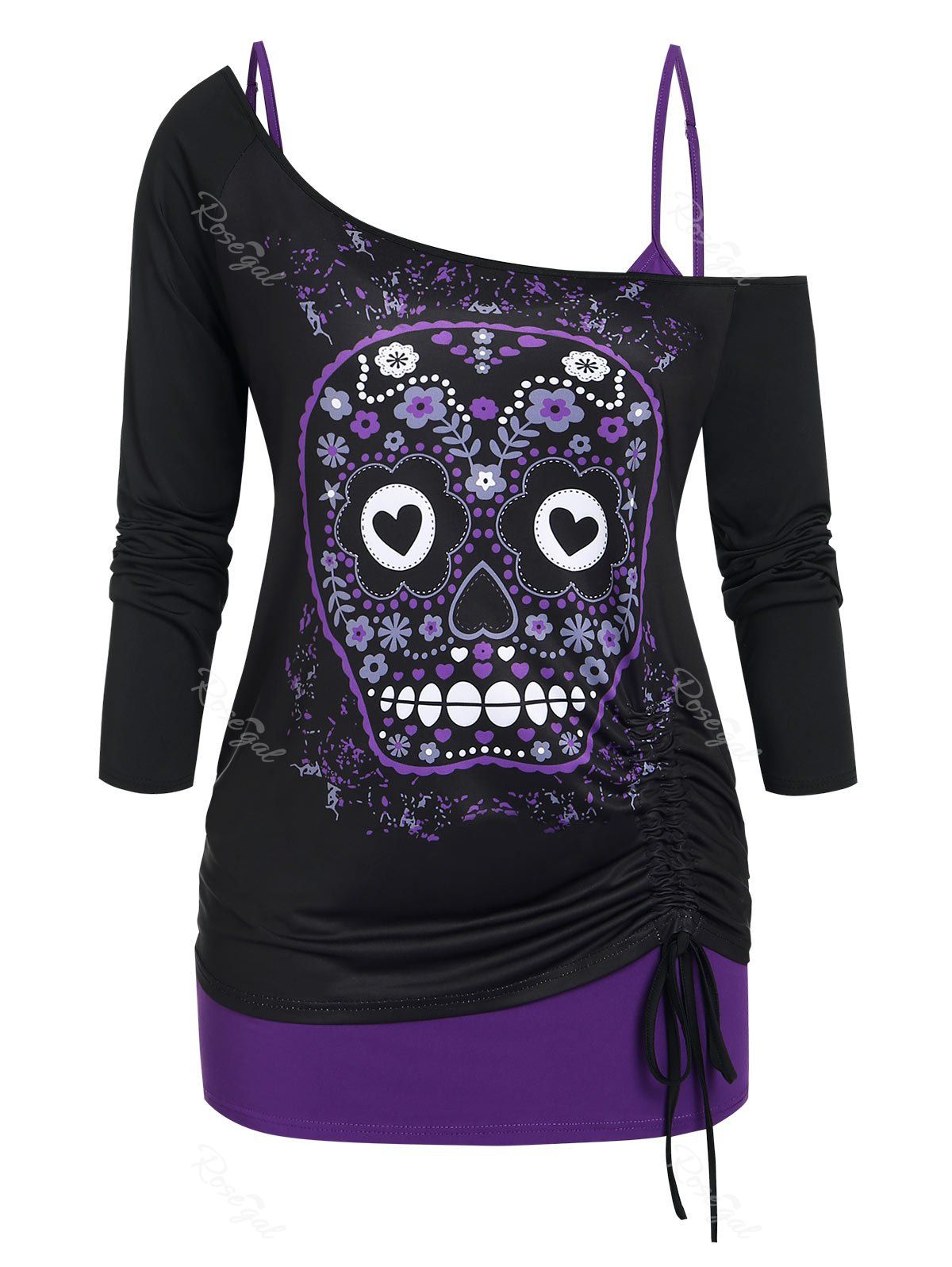 Buy Plus Size Gothic Skull Floral Cinched Ruched T-shirt and Cami Top Set  