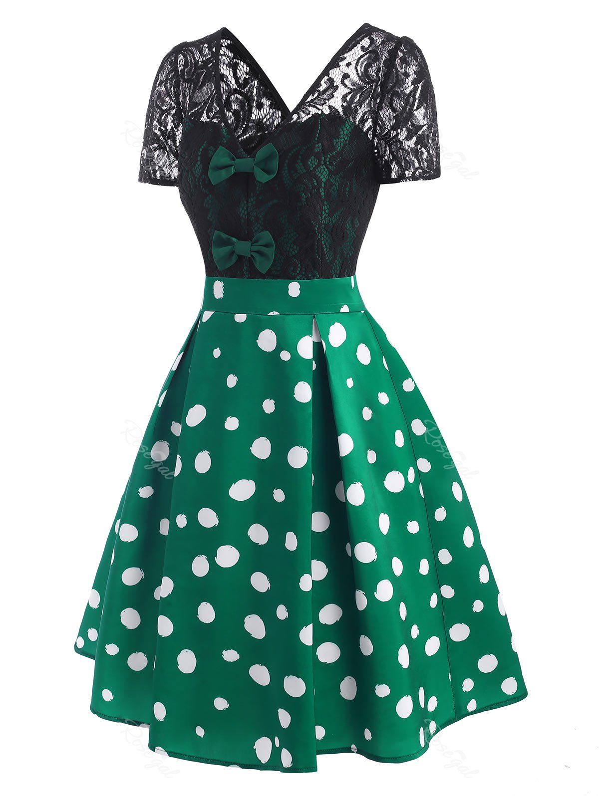 Affordable Lace Insert Polka Dot Bowknot Dress  