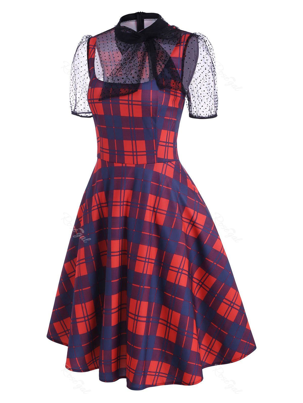 Robe Vintage à Carreaux en Maille Transparente à Pois Rouge M