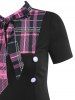 Bowknot Tie Collar Plaid Panel Mock Button Dress -  