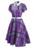 Polka Dot Plaid Lace Insert Belted Dress -  