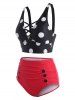 Polka Dot Lattice Ruched Buttoned Tankini Swimwear -  