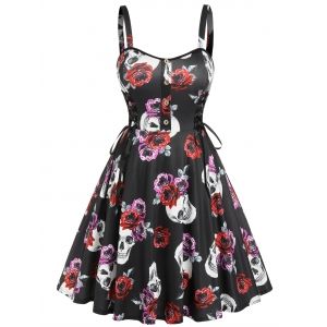 

Plus Size Rose Skull Print Lace Up Halloween Dress, Black