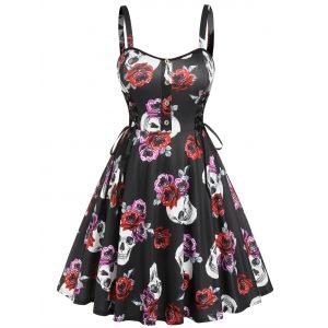 

Plus Size Rose Skull Print Lace Up Halloween Dress, Black