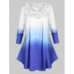 

Plus Size Sheer Lace Yoke Ombre Tunic Tee, Blue