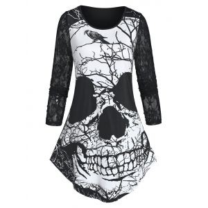 

Branch Skull Print Lace Sleeve T Shirt, Black