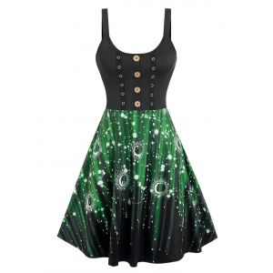 

Star Moon Print Buttons Grommet Dress, Black