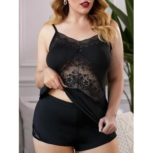 

Scalloped Trim Lace Panel Plus Size Sleep Cami Set, Black