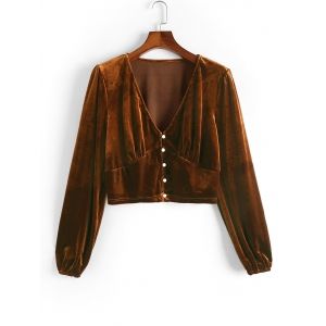 

Plus Size V Neck Velvet Button Up Top, Coffee
