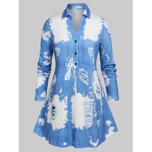 

Plus Size Half Button 3D Ripped Denim Print Blouse, Light blue