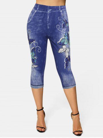 Skinny 3D Butterflies Print Capri Jeggings - BLUE - XL