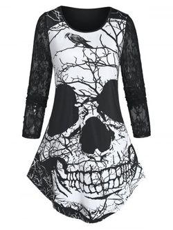 Branch Skull Print Lace Sleeve T Shirt - BLACK - M