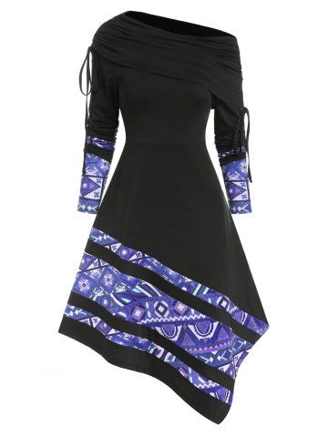 Skew Neck Cinched Printed Asymmetric Dress - BLACK - M