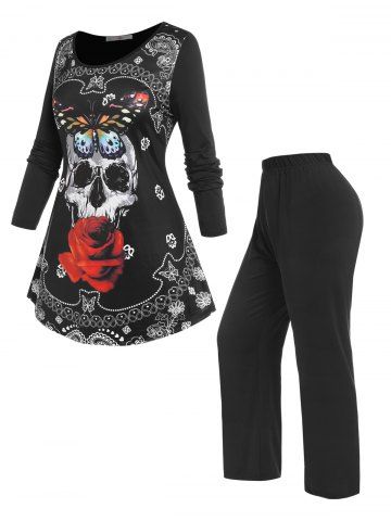 Plus Size Halloween Skull Print Pajamas Set - MULTI - L