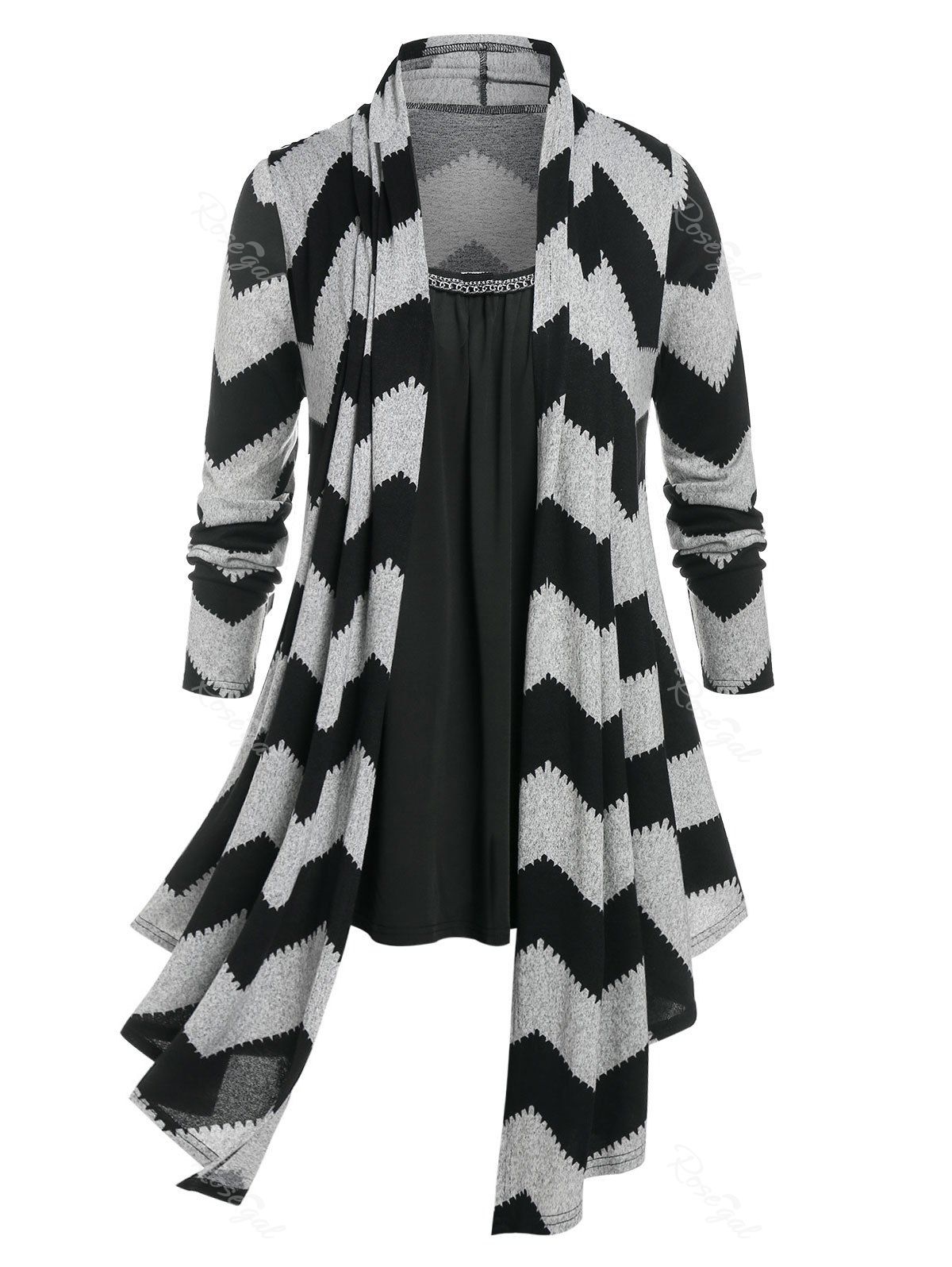 Outfit Plus Size Asymmetric Zigzag Cardigan and Camisole Set  