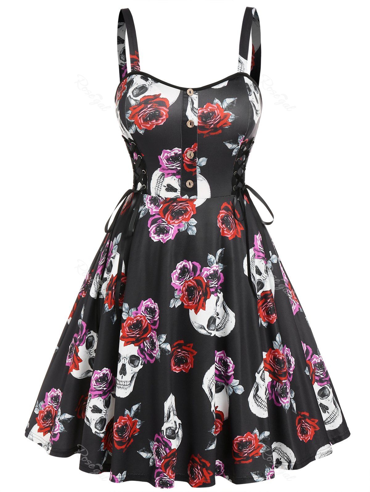 Chic Plus  Size Rose Skull Print Lace Up Dress  