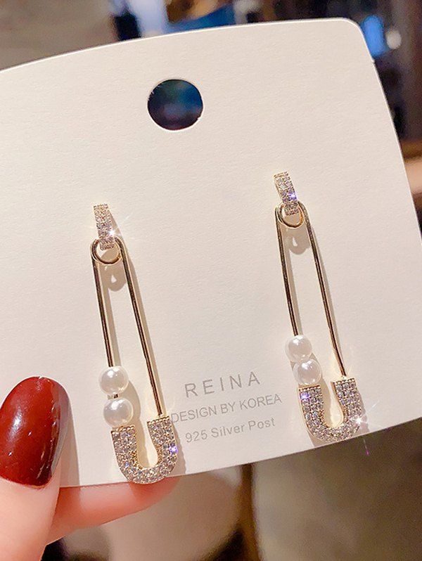 Fashion Faux Pearl Rhinestone Paper Clip Drop Earrings  