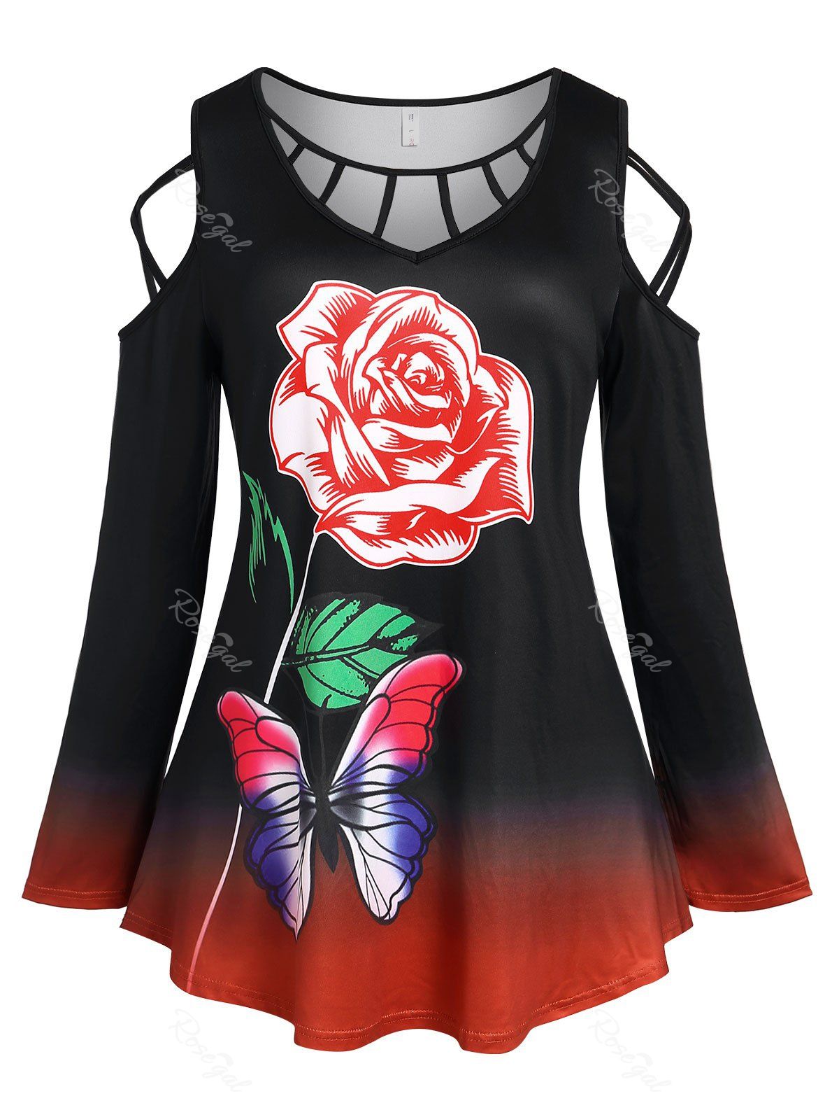 Trendy Plus Size Rose Butterfly Print Cold Shoulder Cutout T-shirt  