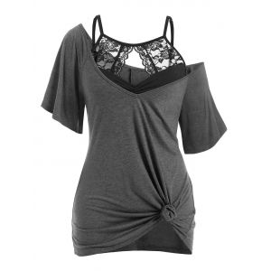 

Plus Size Knotted Tunic T-shirt with Lace Cutout Cami Top Set, Dark gray