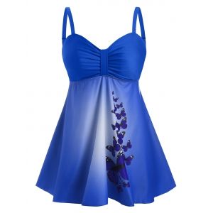 

Plus Size Butterfly Print Empire Waist Tankini Swimwear, Blue