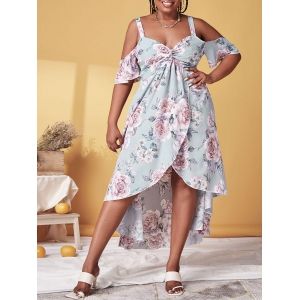 

Plus Size Front Twist Floral Print Cold Shoulder Maxi Dress, Light blue