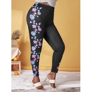 

Plus Size Floral Print High Rise Leggings, Black