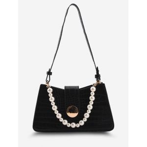 

Faux Pearl Embellished Embossed Shoulder Bag, Black