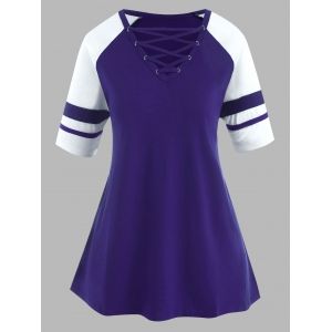 

Raglan Sleeve Stripes Panel Lattice Plus Size Top, Purple