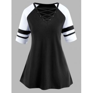 

Raglan Sleeve Stripes Panel Lattice Plus Size Top, Black