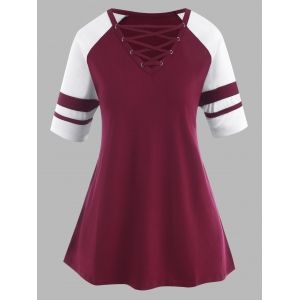 

Raglan Sleeve Stripes Panel Lattice Plus Size Top, Deep red