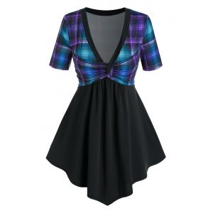 

Plus Size Plaid Twisted Plunging Longline T Shirt, Deep green