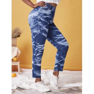 

Plus Size Tie Dye Button Fly Frayed Jeans, Deep blue