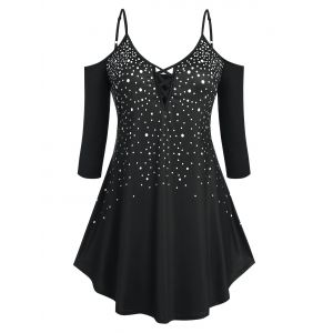 

Plus Size Lattice Cold Shoulder Polka Dot Tunic T-shirt, Black