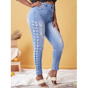 Plus Size Faded Ripped Destroyed Skinny Jeans, Light blue