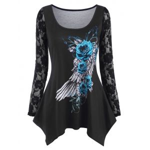 

Lace Insert Flower Butterfly Wing Print Handkerchief T Shirt, Black