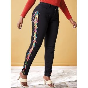 

Plus Size Lace Up Rainbow High Waisted Jeans, Black