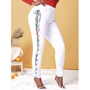 

Plus Size Lace Up Rainbow High Waisted Jeans, White