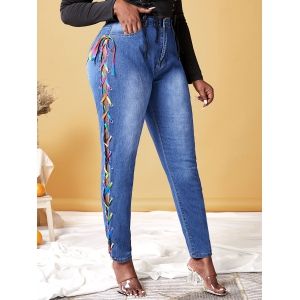 

Plus Size Lace Up Rainbow High Waisted Jeans, Blue