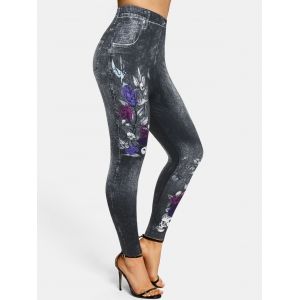 Flowers Skulls 3D Print Skinny Jeggings, Black