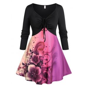 

Plus Size Floral Print Front Knot T-shirt, Black