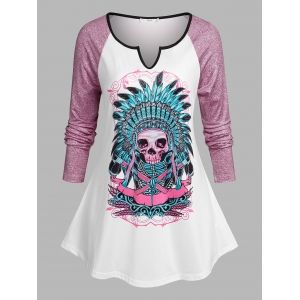 

Plus Size Witch Doctor Skull V Notch Binding Baseball Tee, Light pink