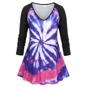 Plus Size Spiral Tie Dye Pattern Raglan Sleeve Tee, Multi