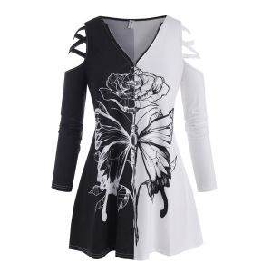 

Plus Size Zip Butterfly Flower Lattice Cold Shoulder Tee, Black