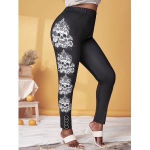 

Plus Size Halloween O Rings Skull Print Leggings, Black